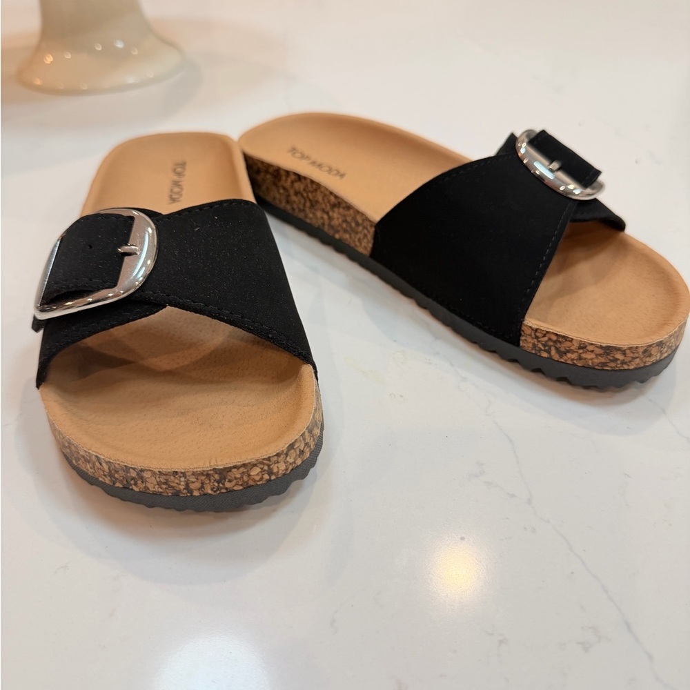 Brand new black  Slide Sandals with Silver Buckle brand Top Moda size 8